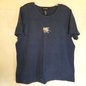 Denim & Co Womans Size L T-Shirt Blouse Short Sleeve Floral Embroidery Detail